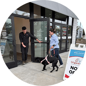 Step 2 urgentvet veterinary professional escorts dog at urgent vet care to private fear-free examination room Dog Walking Into Store Step